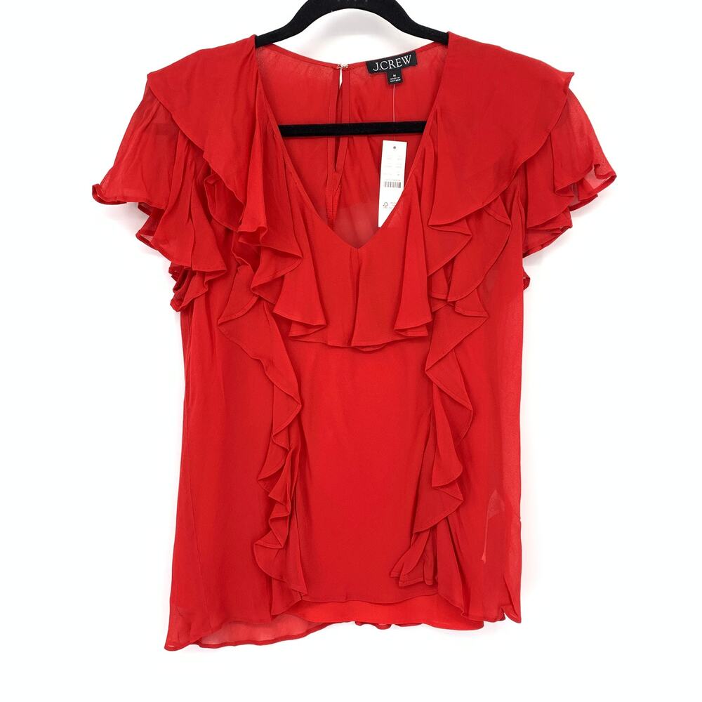 J.Crew Ruffle Front Chiffon Blouse Top Womens Size Medium Solid Red V-Neck NEW